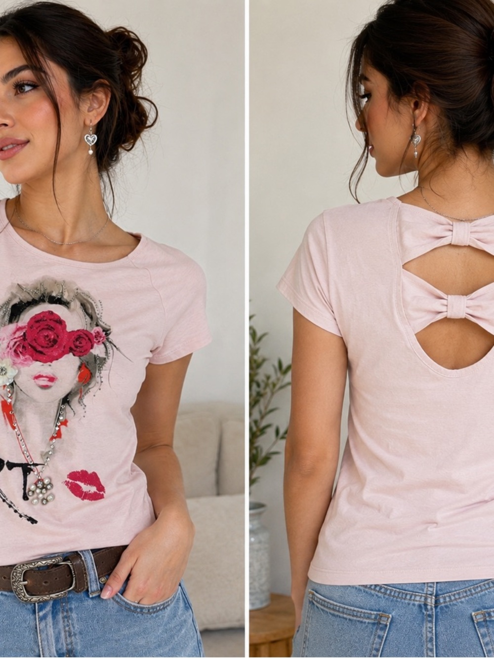 Women's Pink Graphic Tee with Floral Art Motif